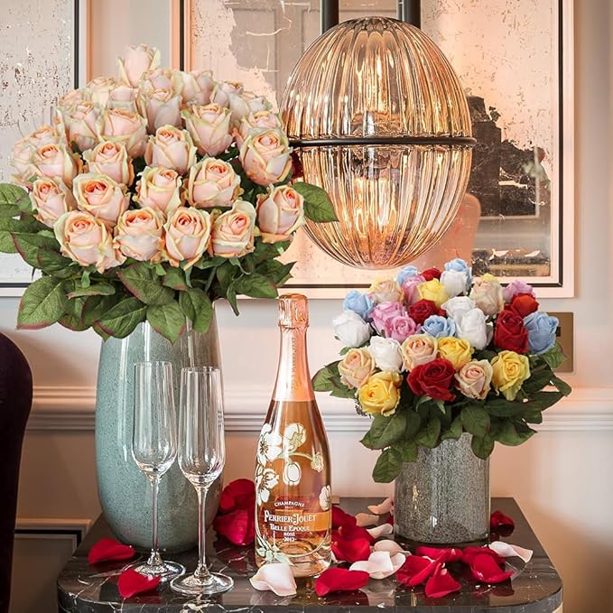 DILATATA Artificial Realistic Roses Peach Flowers 24" Real Touch Silk Roses Bouquet Long Stems Rose Fake Roses Decor for Home Party Wedding Table Centerpieces Roses Realistic - 5 Pcs