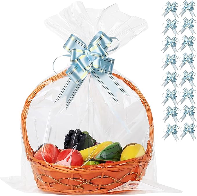 UltraOutlet 50 Packs Large Cellophane Bags 18" x 24" Clear Cellophane Gift Basket Wraps 2.3 Mil Thick Transparent Cello Bags for Fruit Basket, Gift Wrap, Treats, Arts and Crafts, 50ct Ribbon Bows