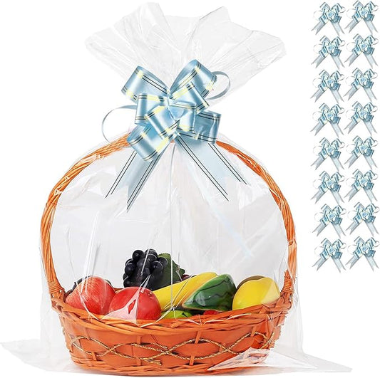 UltraOutlet 50 Packs Large Cellophane Bags 18" x 24" Clear Cellophane Gift Basket Wraps 2.3 Mil Thick Transparent Cello Bags for Fruit Basket, Gift Wrap, Treats, Arts and Crafts, 50ct Ribbon Bows
