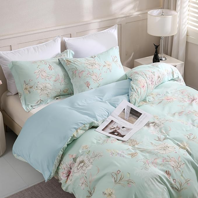 LONAVA Queen Flower 3 Pcs Duvet Cover Set, Breathable Soft Microfiber Light Blue Lining Comforter Cover with Zipper Closure, and 2 Anti-Pilling, Fade Resistant Pillowcases, Mint Flower