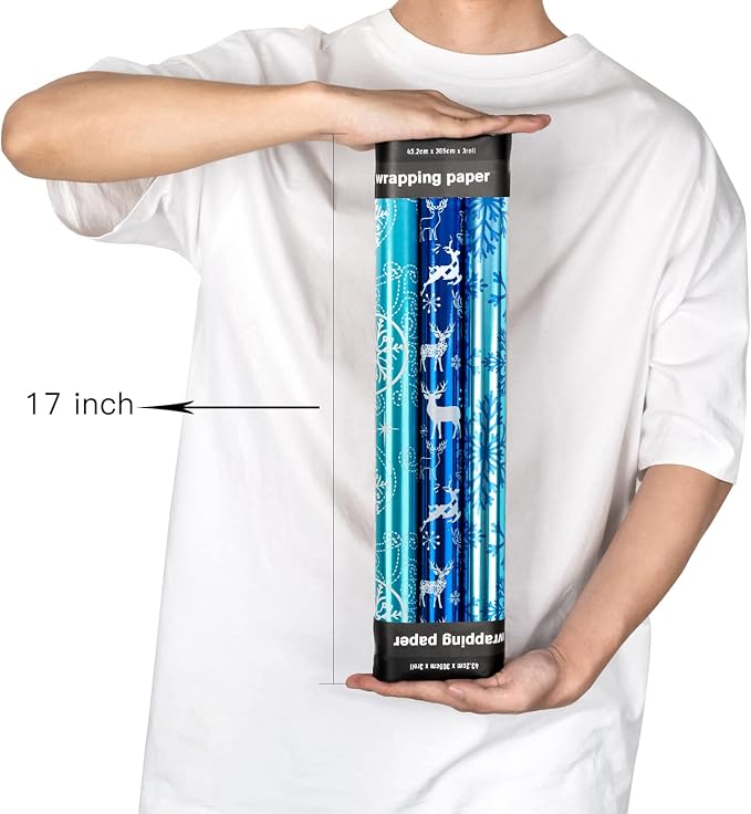 MAYPLUSS Christmas Wrapping Paper Roll - Mini Roll - 17 inch X 120 inch Per roll - 3 Different Blue Design with Glitter Metallic Foil Shine (42.3 sq.ft.ttl)