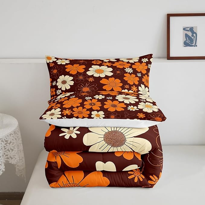 70s Groovy Flowers Bedding Set King Size,Hippie Retro Farmhouse Plant Comforter Set Room Decor for Couple,Brown White Yellow Floral Microfiber Down Comforter,2 Pillowcases