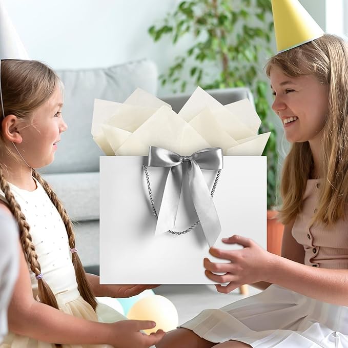 JMANNI Gift Bags, 2Pcs Paper Gift Bag with 4 Tissue Papers and 2 Cards, Present Bags with Handles for Women Girls Bridesmaid Birthday Valentines Wedding Party, White
