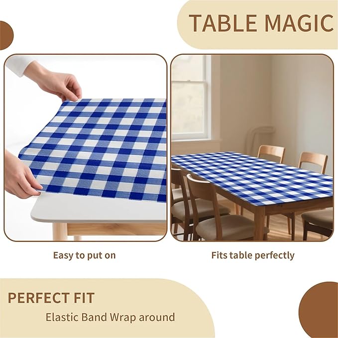 Rectangle Table Cloth Cover Waterproof Elastic Fitted Polyester Fitted Tablecloths for 8 Foot Tables for Indoor,Picnic, Camping, Outdoor （96" x 30"，Blue Grid）