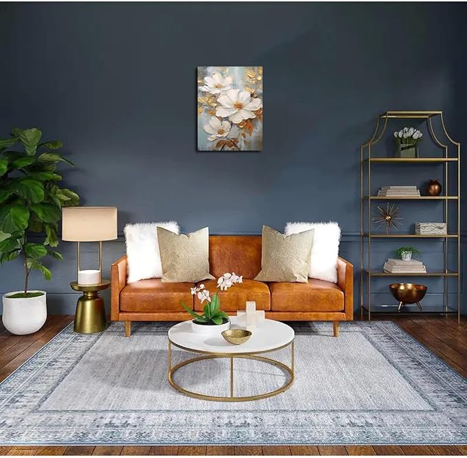 Abstract White Flower Painting Canvas Wall Art With Gold Leaf Canvas Framed Art Wall Decor White Elegant Flower Modern Print Wall Art for Living Room Bedroom Home Decoration 12x16 inch