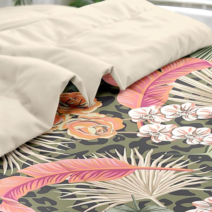 Comforter Set Twin Size, Summer Tropical Flowers 5 Pcs Bedding for Kids and Adults, Hawaiian Palm Leaf Leaves Bed Sheet Sets with Fitted Sheet Pillowcase & Sham for Bedroom Bed Decor