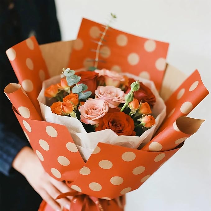LeZakaa 20 Sheets Kraft Dots Flower Wrapping Paper, Reversible Orange with White Polka Dots Floral Bouquet Paper for Valentines, Mothers Day, Wedding Party, Fall Birthday, Thanksgiving Autumn Decor