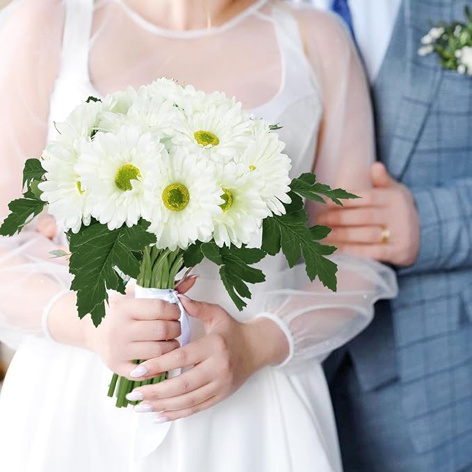 IPOPU 2 Bundles Artificial Gerbera Daisy Flower 14 Heads White Fake Chrysanthemums with Stems Faux Silk Daisy Flower for Wedding Bridal Bouquet Floral Arrangements Home Table Centerpiece Decor (White)