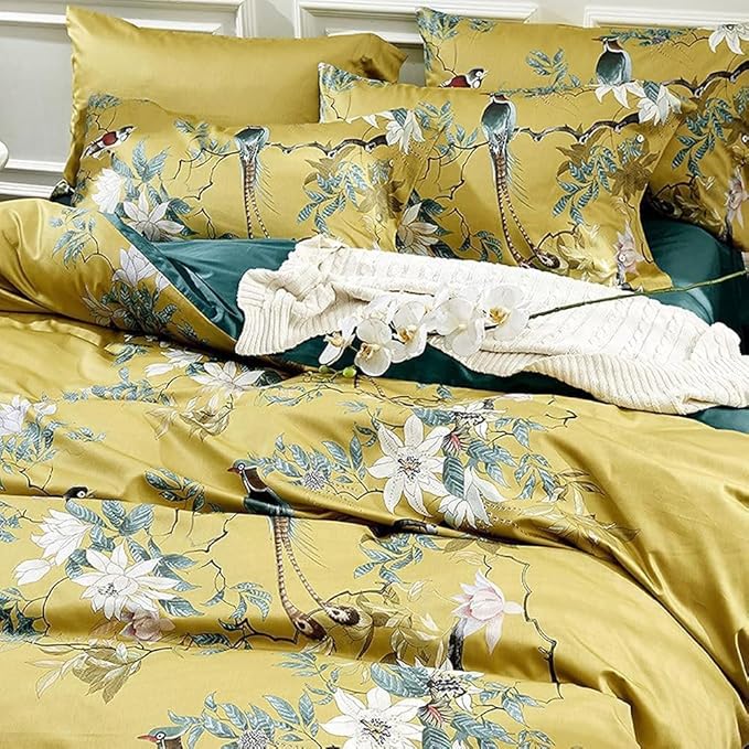 LifeTB Vintage Floral Duvet Cover Set Queen 3 Pieces Birds Flowers Pattern Duvet Cover Luxury Soft Cotton Floral Comforter Cover Garden Style Bird Flowers Bedding Set Queen Size Breathable