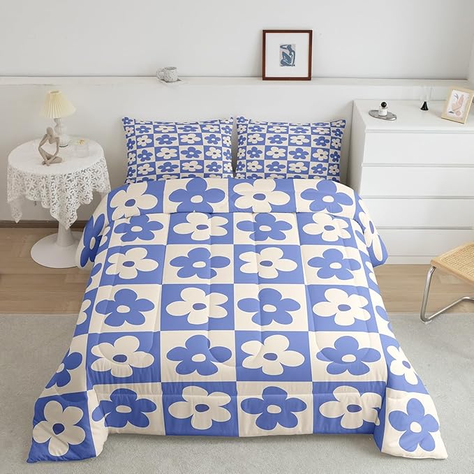 Castle Fairy Kids Cute Flowers Plaid Queen Size Comforter Set,Blue and Cream Floral Checked Bedding Set with 2 Pillowcases,Fashion Geometric Style Breathable Durable Polyester Bedding Set