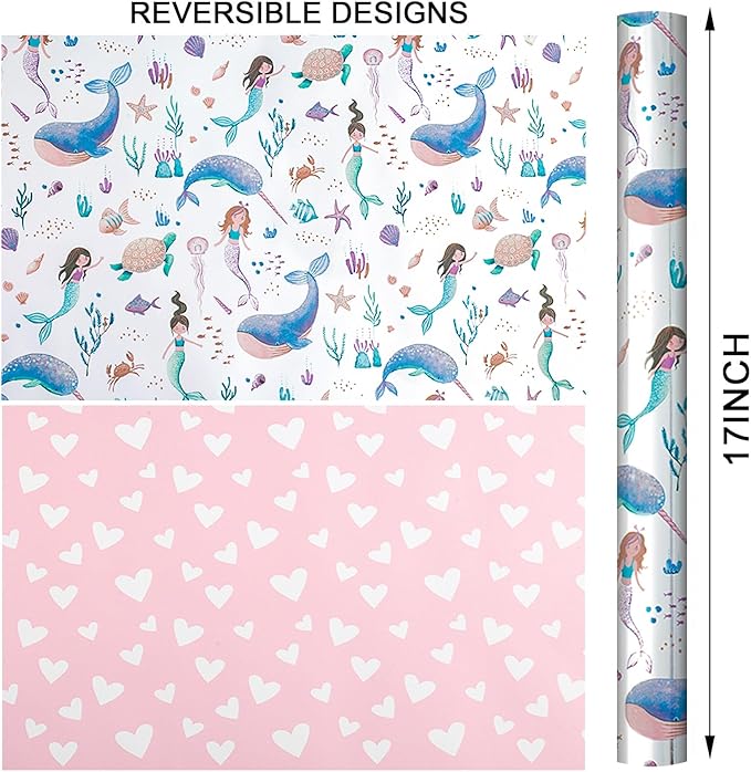 Homeral Reversible Mermaid Wrapping Paper Roll - Metallic Foil Whale, Turtle, Shell, Ocean-Themed with Pink Heart for Girl Birthday, Baby Shower - Mini Roll - 17 Inch x 33 Feet