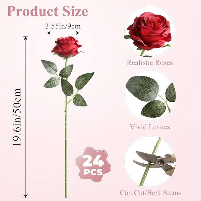 Nubry 24pcs Artificial Silk Roses Bulk,Fake Roses Flower with Stems Realistic Flowers for Wedding Centerpiece Home Party Decor(Burgundy)