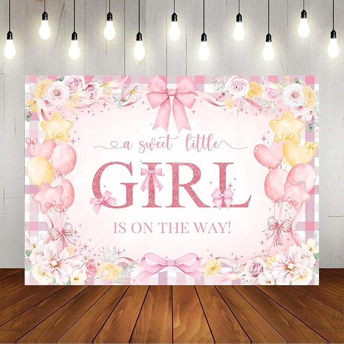 Mocsicka Bow Baby Shower Backdrop Pink Floral Baby Girl Shower Photo Background Banner Sweet Little Girl on The Way Decorations for Baby Shower Party Supplies Photo Props (10x7ft (120x82 inch))