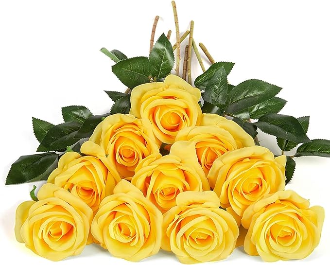 DuHouse 10pcs Fake Roses Artificial Silk Flowers Faux Rose Flower Long Stems Bouquet for Arrangement Wedding Centerpiece Party Home Kitchen Decor(Pure Yellow)