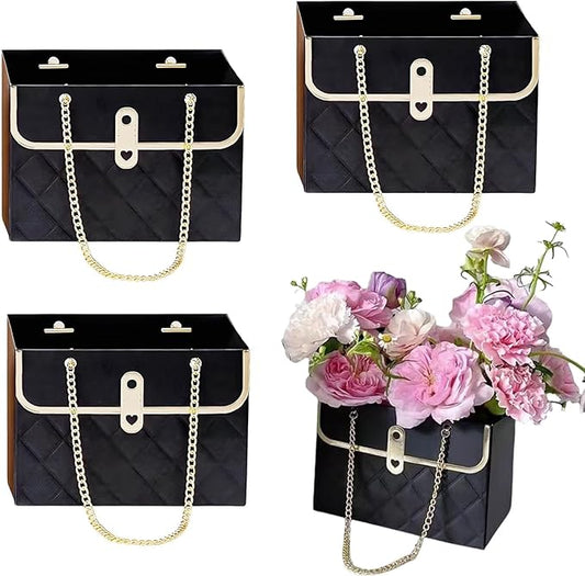 Jemattely 4 Pcs Large Flower Paper Gift Box,Waterproof Bouquet Storage Bucket Florist Handbag with Metal Chain Flower Boxes for Wedding Mother's Day Birthday Bridal Etc Shower Gift Wrap Craft-Black
