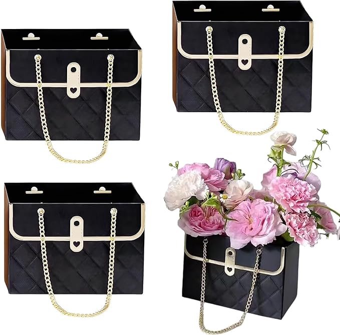 Jemattely Flower Paper Gift Box,Waterproof Bouquet Storage Bucket Florist Handbag with Metal Chain Flower Boxes for Wedding Mother's Day Birthday Bridal Etc Shower Gift Wrap Craft-Black 4 Pcs