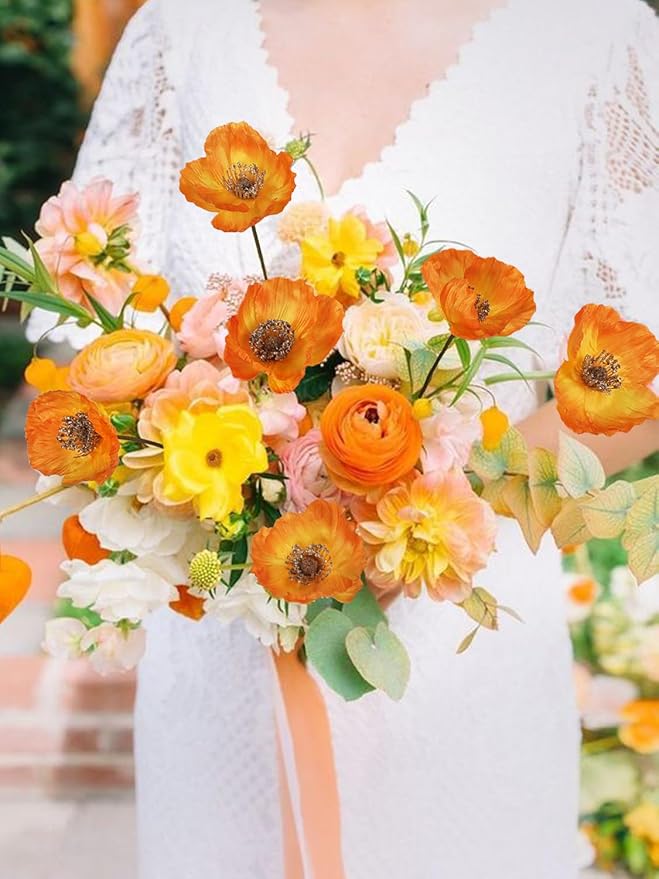 IPOPU Silk Poppies - 6pcs Realistic Orange Flowers for Wedding & Party Decorations