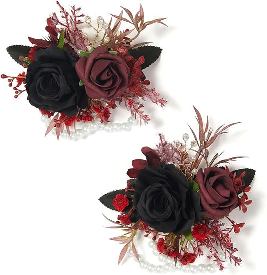 Serwalin Set of 2 Wrist Corsage for Wedding, 6-7inch Corsages Wristlet for Bridesmaid Mother Grandmother, Artificial Flowers for Prom Ceremony Anniversary, Black Burgundy