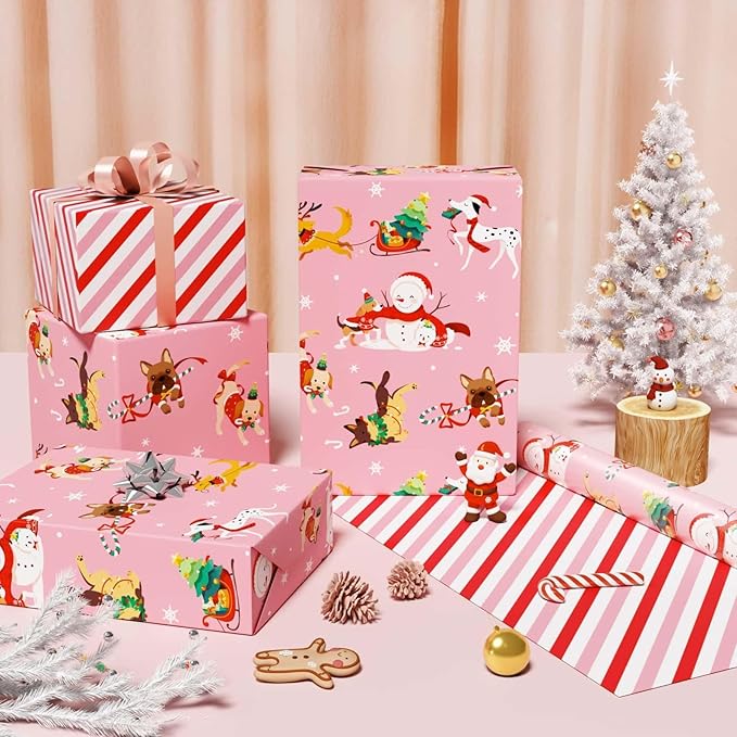 WERNNSAI Dog Christmas Wrapping Paper Roll - 1 Roll 17”x 33 ft Pink Dog Wrapping Paper Christmas for Kids Adults Reversible Red Candy Cane Stripe Gift Wrap for Xmas Winter Puppy Party Celebration