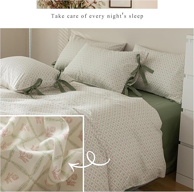 Pink Flower Duvet Cover Full Size Vintage Country Style Red Floral Comforter Cover Green Grid Plaid Duvet Cover with 2 Bow Ties Pillowcases Cotton Girls Floral Bedding Quilt Cover with Zipper Closure