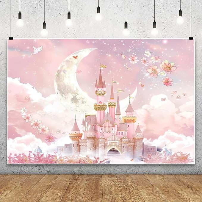 AOFOTO Castle Backdrop Princess Spring Pink Floral Moon Printed Fairy Tale Photography Background for Girl Birthday Baby Shower Party Banner Home Decor Wall Photo Studio Booth Props 7x5ft