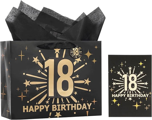 Bloomwords 18th Birthday Gift Bag Set with Card & Tissue – 13" Elegant Keepsake Party Bags for Unisex Anniversaries, Gift Wrapping & Celebrations