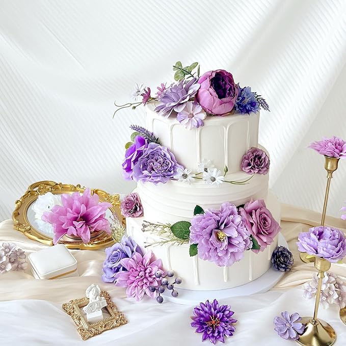 Dusty Purple Artificial Flowers Combo Box Set Silk Dahlia Roses with Stems Lilac Lavender DIY Bridal Wedding Bouquets Cake Top Fake Floral Arrangements Baby Shower Party Table Centerpieces Home Decor