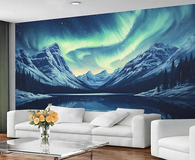 Northern Lights Mountain Wall Mural, Aurora Borealis Lake 3D Wall Murals, Snowy Peaks Starry Sky Wallpaper Mural, for Living Room Bedroom Large Wallpaper Indoor Decor 137.8" W x100 H