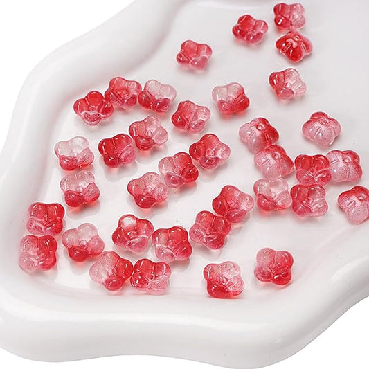 100PCS Glass Flower Beads for Jewelry Making 4 Petal Flower Bead Caps Gradient Cute Floral Beads Aesthetic Charms for Necklace Bracelets Earrings DIY Craft Home Decoration-Red