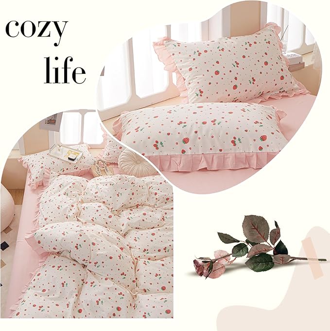 VM VOUGEMARKET Full Comforter Set-Cute Strawberry Fruit Comforter,Reversible Pink Stripes Bedding Comforter Sets,3 Pieces,1 Soft Romantic Ruffle Comforter with 2 Pillow Shams-79 x90