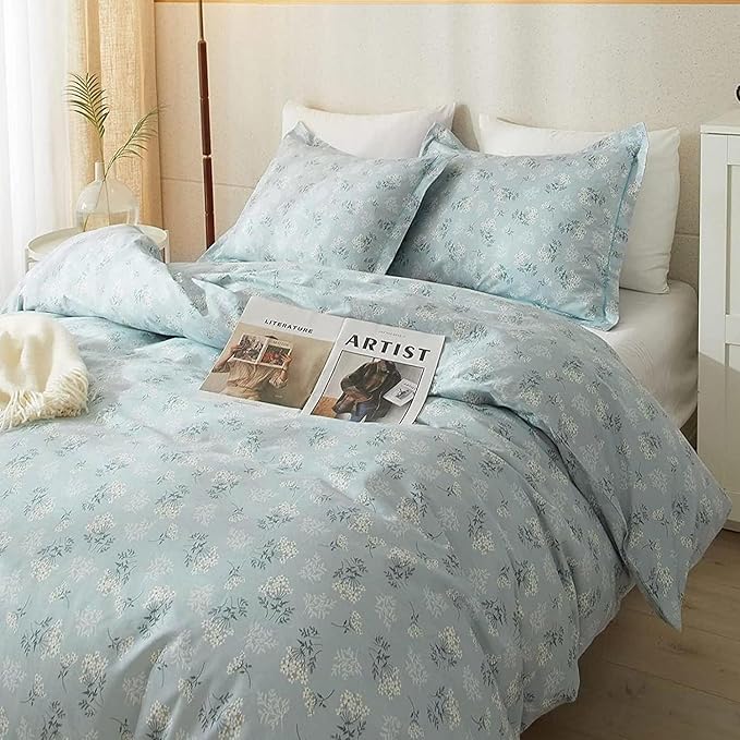 LifeTB Blue Floral Comforter Set King Size Vintage Flower Botanical Comforter with 2 Pillowcases Fluffy Soft Aesthetic Floral Cottagecore Bedding Set Chic Flower Leaves Pattern King Comforter Set