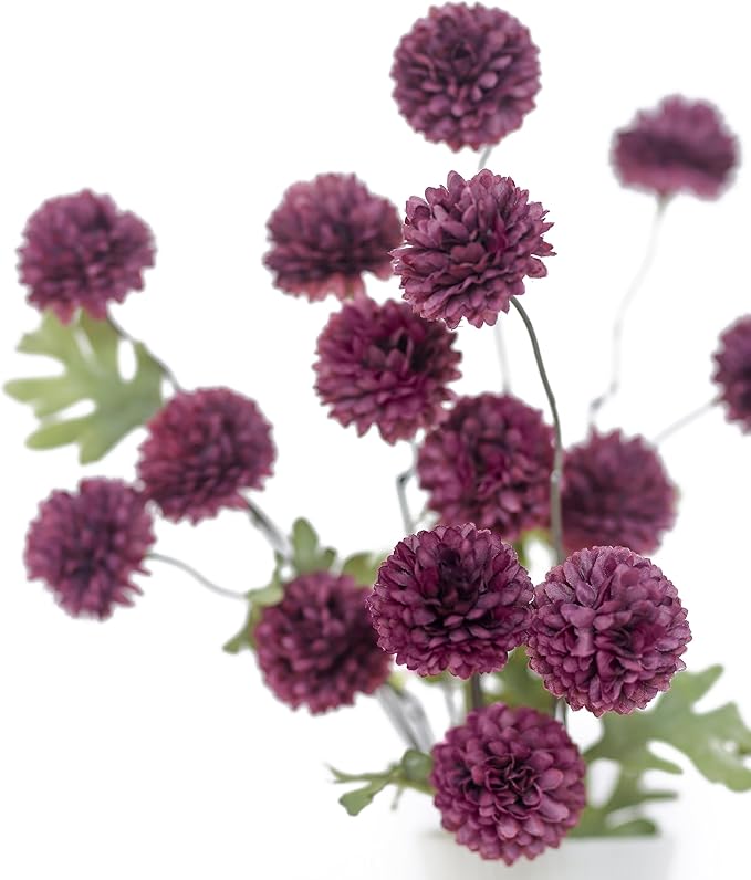 DuHouse 6pcs Artificial Flowers Faux Silk Pompon Mum,Silk Small Mini Chrysanthemum Ball with Stems for DIY Bouquets Centerpieces Vase Home Table Kitchen Decorations(Plum)