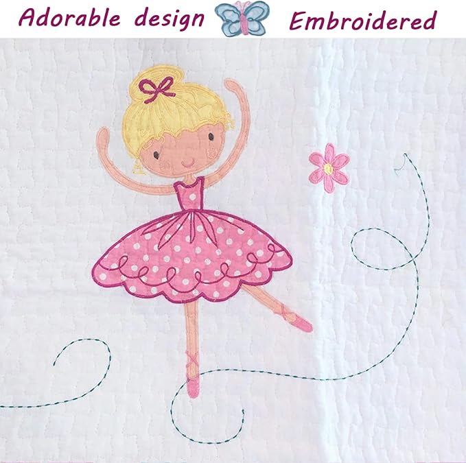 Cozy Line Home Fashions Ballerina Dance Princess Girl 100% Cotton Reversible Bedding Quilt Set, Bedspread Coverlet for All Seasons (Pink Embroidered, Twin - 2 Piece)
