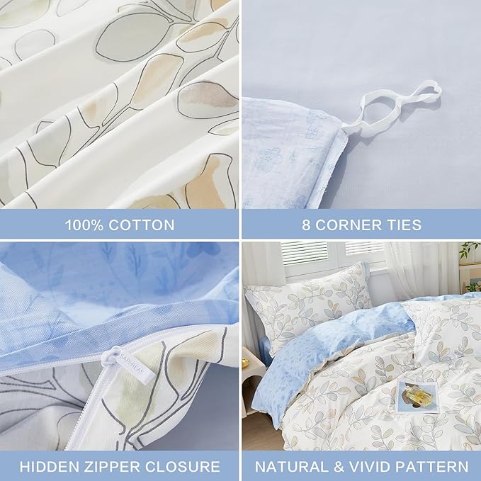 SAPHREAS Botanical Leaves Printed Duvet Cover Full Size 3pcs Blue Leaf Cotton Garden Style Bedding Comforter Cover Set 1 White Duvet Cover 80"x90" 2 Pillow Shams, Comforter Not Included