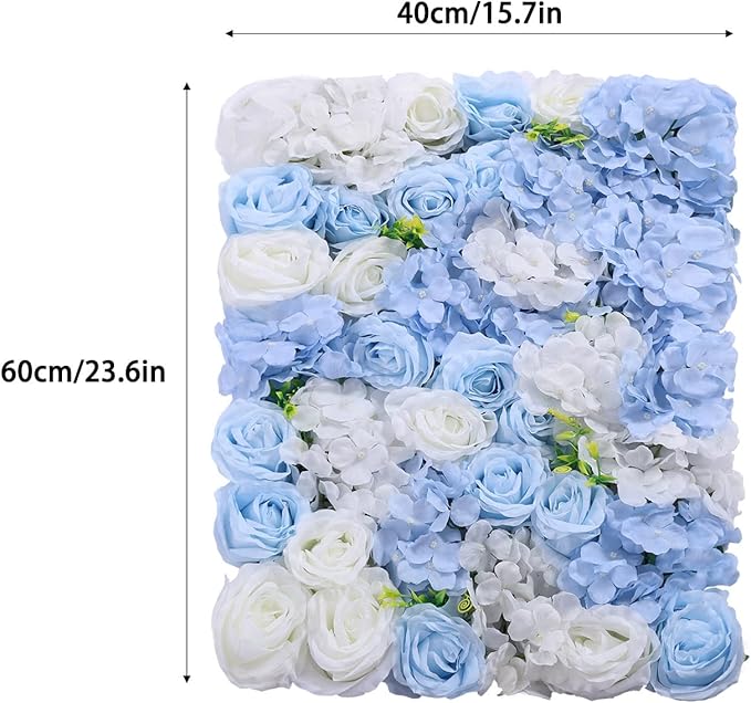 4Pcs Artificial Flower Wall Panel,3D 16" X 24" Silk Rose Mat Artificial Flower Wall,Rectangle Decorative Backdrop Flower Panels Wall for Bridal,Patio,Garden,Yard Decor (Blue, White)