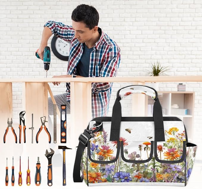 Wildflowers Floral Tool Bag for Men Women Multi-Pockets Wide Mouth Tool Storage Bags 14.8 Inch Waterproof Heavy Duty Tool Bag Organizer for Electrician Mechanic Plumbers Handymen