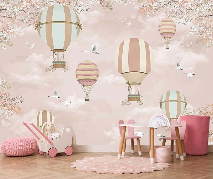 Kids Pink Cartoon Wallpaper Hot Air Balloon Flying Crane Mural for Nursery Girls Bedroom (Not Self-Adhesive)
