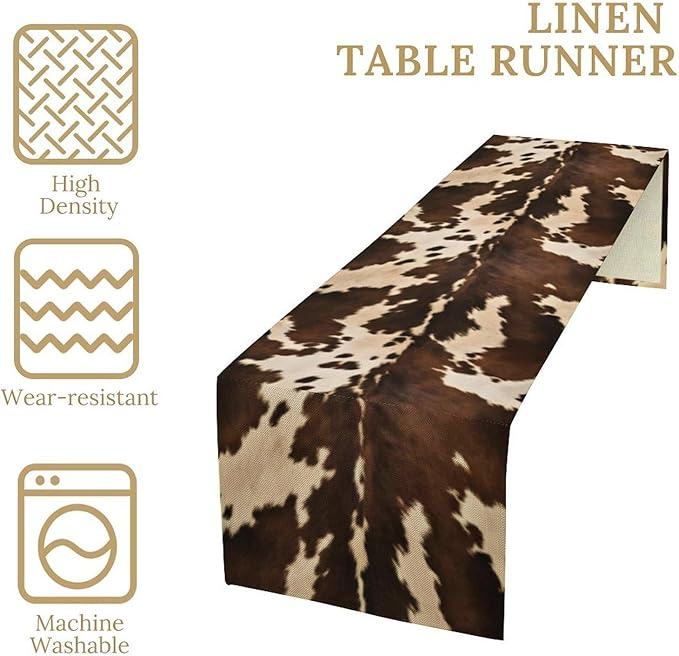 Cow Print Table Runner, Brown Cowhide Western Style Runner Country Farmhouse Cottage Patten Decoration for Home Kitchen Dining,13x108 Inch