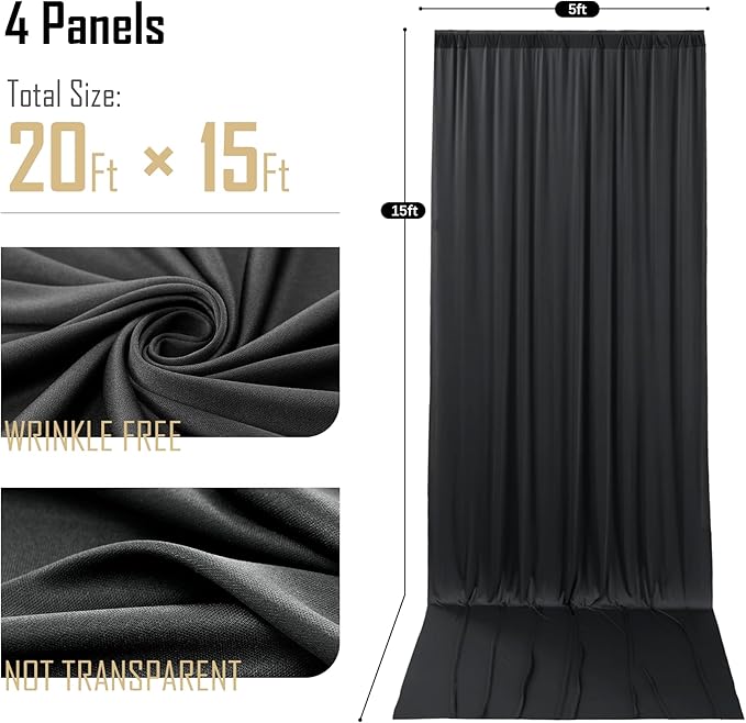 gogoparti 20x15 ft Black Backdrop Curtain for Weddings & Parties - 4-Panel Wrinkle-Free Polyester Drape, 15 FT Long for Birthday, Baby Shower, Halloween Photography Background