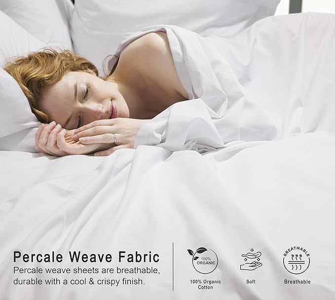 RUVANTI 100% Organic Cotton Sheets Full Size, Percale Weave, GOTS Certified, 4-Piece Set, Deep Pocket 15", Crisp & Breathable, Soft Durable Bedding, Sábanas Algodón Orgánico – Bright White
