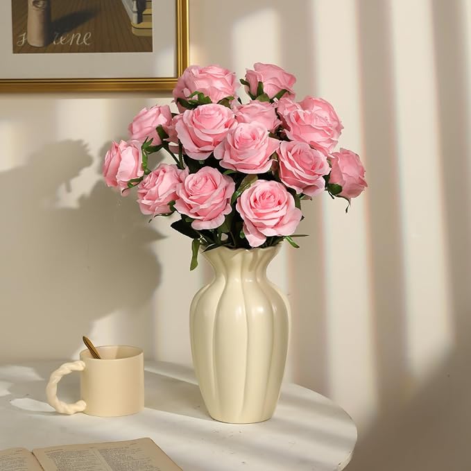 Nubry 24pcs Artificial Silk Roses Bulk,Fake Roses Flower with Stems Realistic Flowers for Wedding Centerpiece Home Party Decor(Pink)