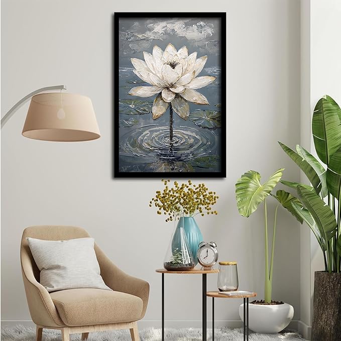 Stunning white lotus emerges from prismatic water with delicate petals background Serene aquatic wall art suitable for modern minimalist decor 20x30in Metal blackFramed