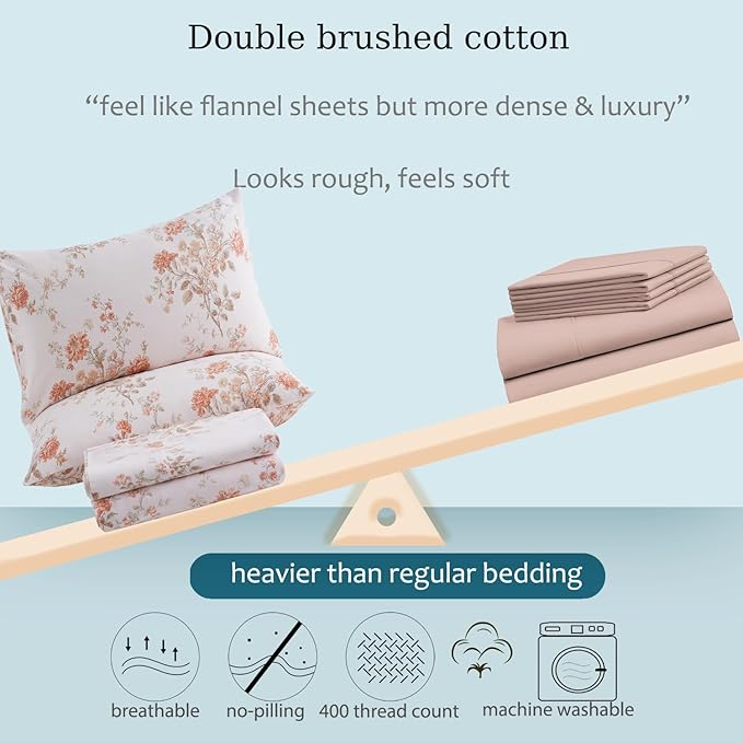 Zusbest Full Size Floral Bed Sheets 100% Percale Cotton Orange Brushed for Extra Softness, Breathable Luxury Flannel Sheets Like Shabby Vintage Flower Print Deep Pocket Fitted Sheet 17.5'' 4 Pcs