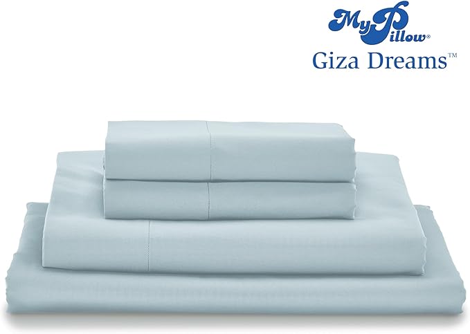 MyPillow Giza Dreams Bed Sheets, 100% Certified Giza Egyptian Cotton, Deep Pocket, Sateen Weave [Twin, Light Blue]