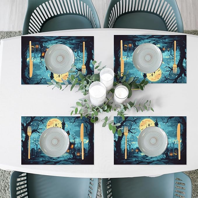 Halloween Castle Moon Scary Placemats Set of 4 PVC Vinyl Non Slip Table Mats Heat Resistant Place Mats Washable Wipeable Dining Table Mat for Kitchen Decor Party Indoor Outdoor Decorative Gift