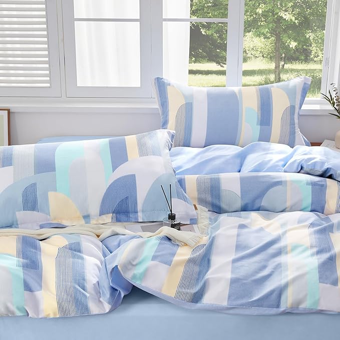 SAPHREAS Blue Geometric Pattern Duvet Cover Set 3pcs Queen Size 100% Cotton Colorful Blocks Bedding Comforter Cover Set 1 Duvet Cover 2 Pillow Cases