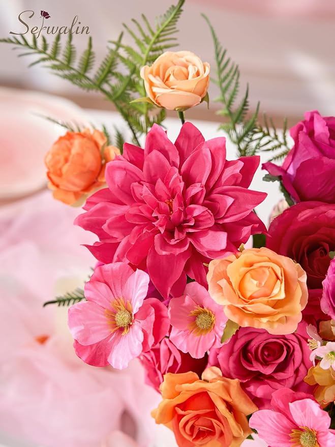 Serwalin Artificial Hot Pink & Orange Flowers, Magenta Silk Fake Flowers, Autumn Faux Flowers for Wedding Bouquet, Table Centerpieces, Home Decor