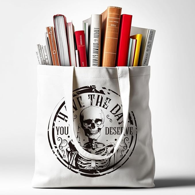 ANATTASOUL Halloween Canvas Tote Bag Black Skull Circle Reusable Cotton Bag for Women, Durable Cloth Shoulder Bags with Zipper Pockets for Shopping, Vacation, Work, Gym