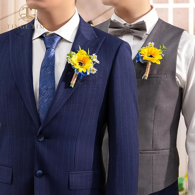 TINGE TIME Boutonniere for Men Wedding,Groom and Best Man Boutonniere for Wedding Ceremony Anniversary, Formal Dinner Party and Rustic Summer Weddings Marriage (Sunflower&RoyalBlue)
