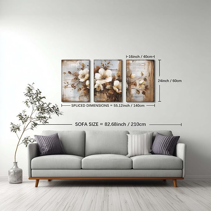 YCJKJDZ Dark Floral Wrapped Canvas Wall Art Set of 3, Neutral Fall Plant Bohemian Vintage Moody Flower Wall Decor Artwork for Farmhouse Bedroom Living Room Office, 16x24 inches
